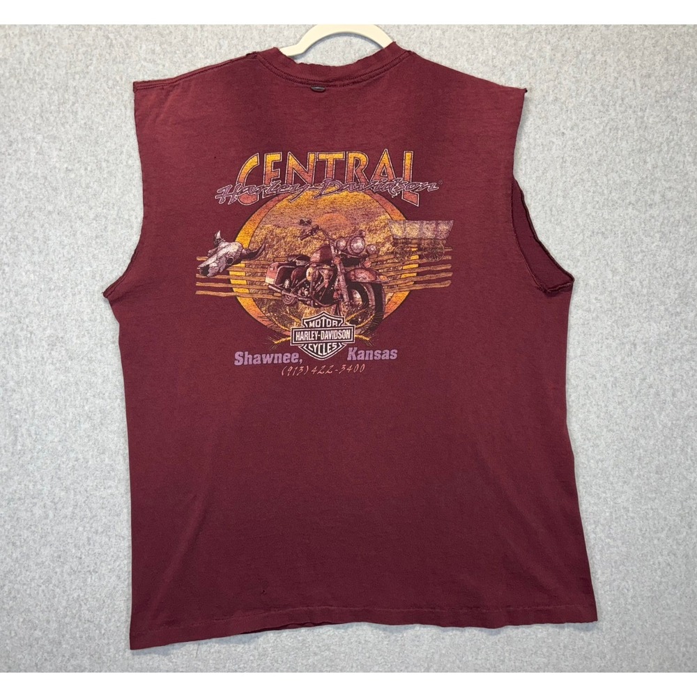 Vintage Harley Davidson Muscle Tee Maroon Shawnee Kansas Graphic‎ XL Cut Sleeves